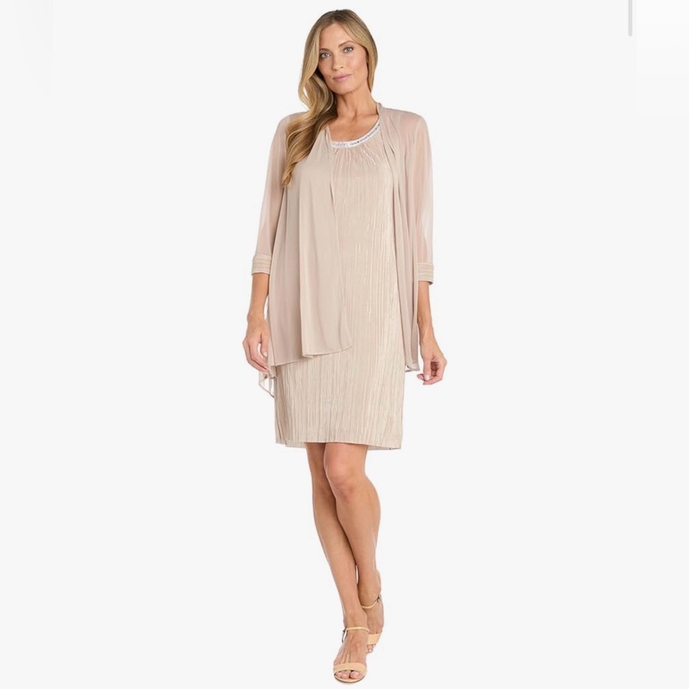 R&M Richards Pleated Glitter 2-Piece Dress/Sheer Overlay Jacket US (14)